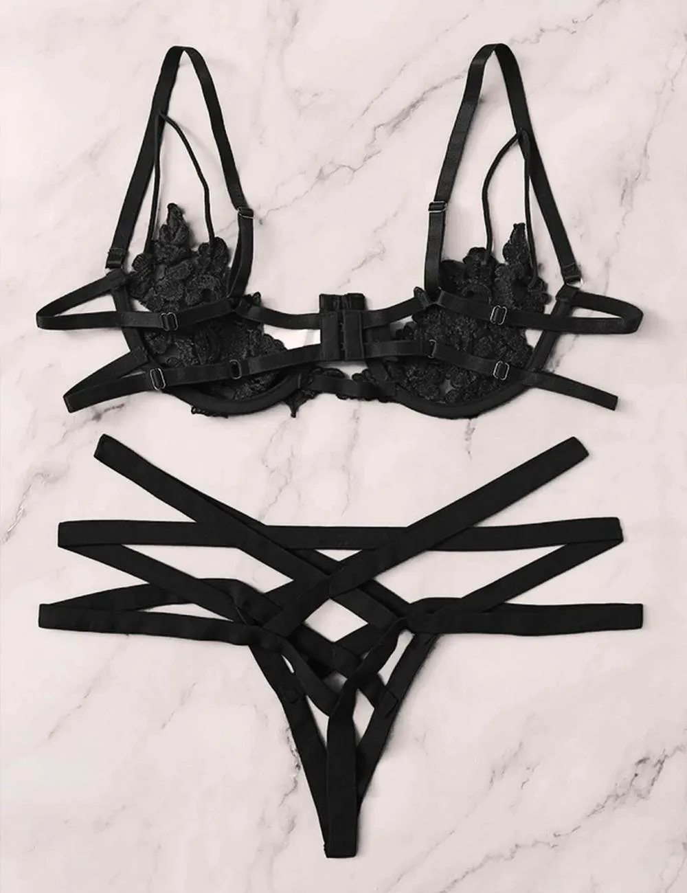 Plus Size Black Elegant Embroidery Fashion Bra Set With Underwire