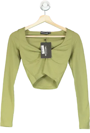 Pretty Little Thing Khaki Cotton Twist Front Long Sleeve Crop Top UK 10