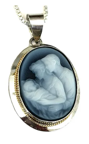Pride & Joy, Mother, Father and Child Blue Agate Cameo, Sterling Silver Pendant