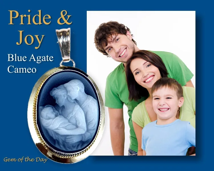Pride & Joy, Mother, Father and Child Blue Agate Cameo, Sterling Silver Pendant