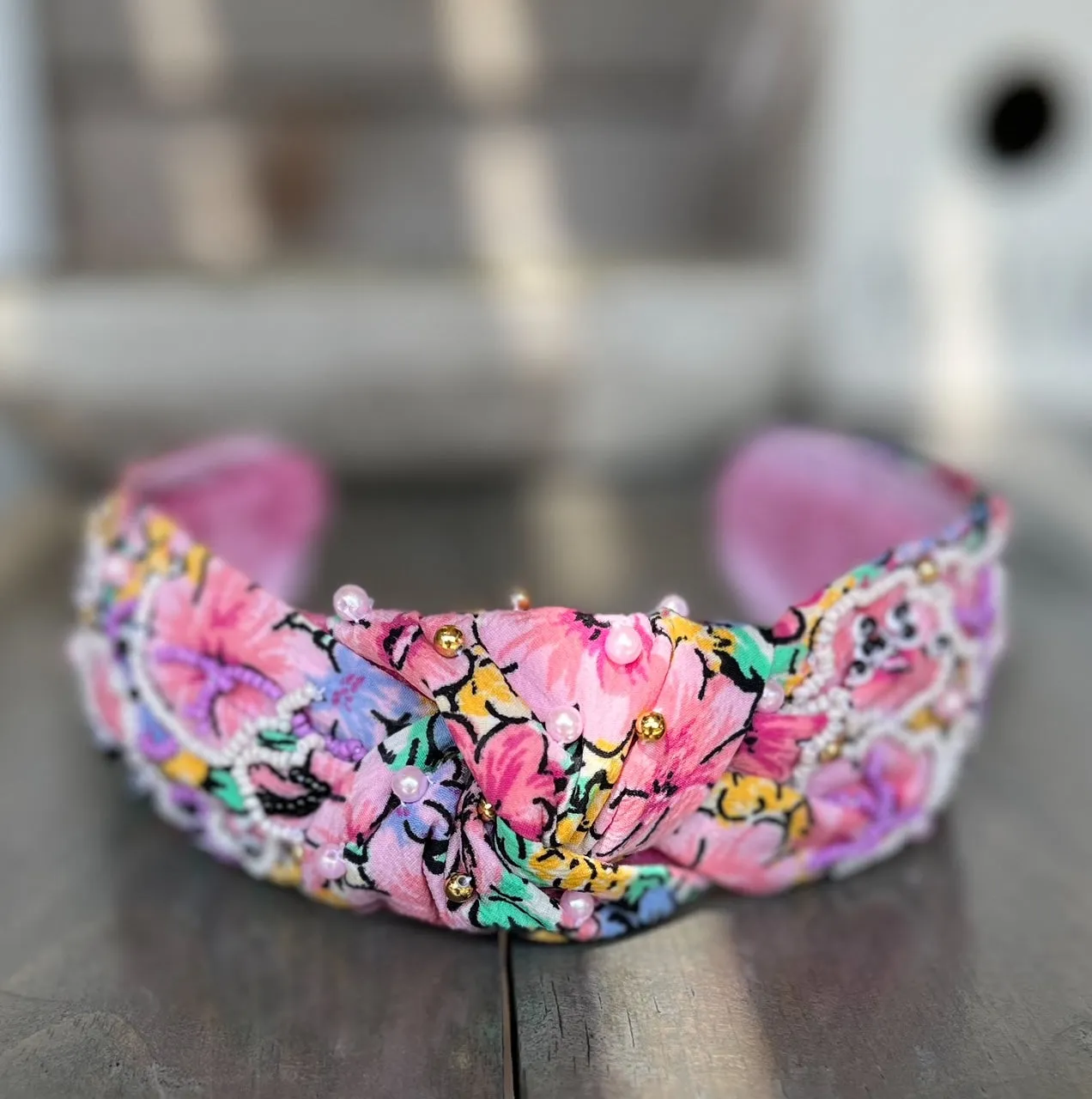 Purple and Pink Floral Seed Beaded Top Knot Handmade Headband S