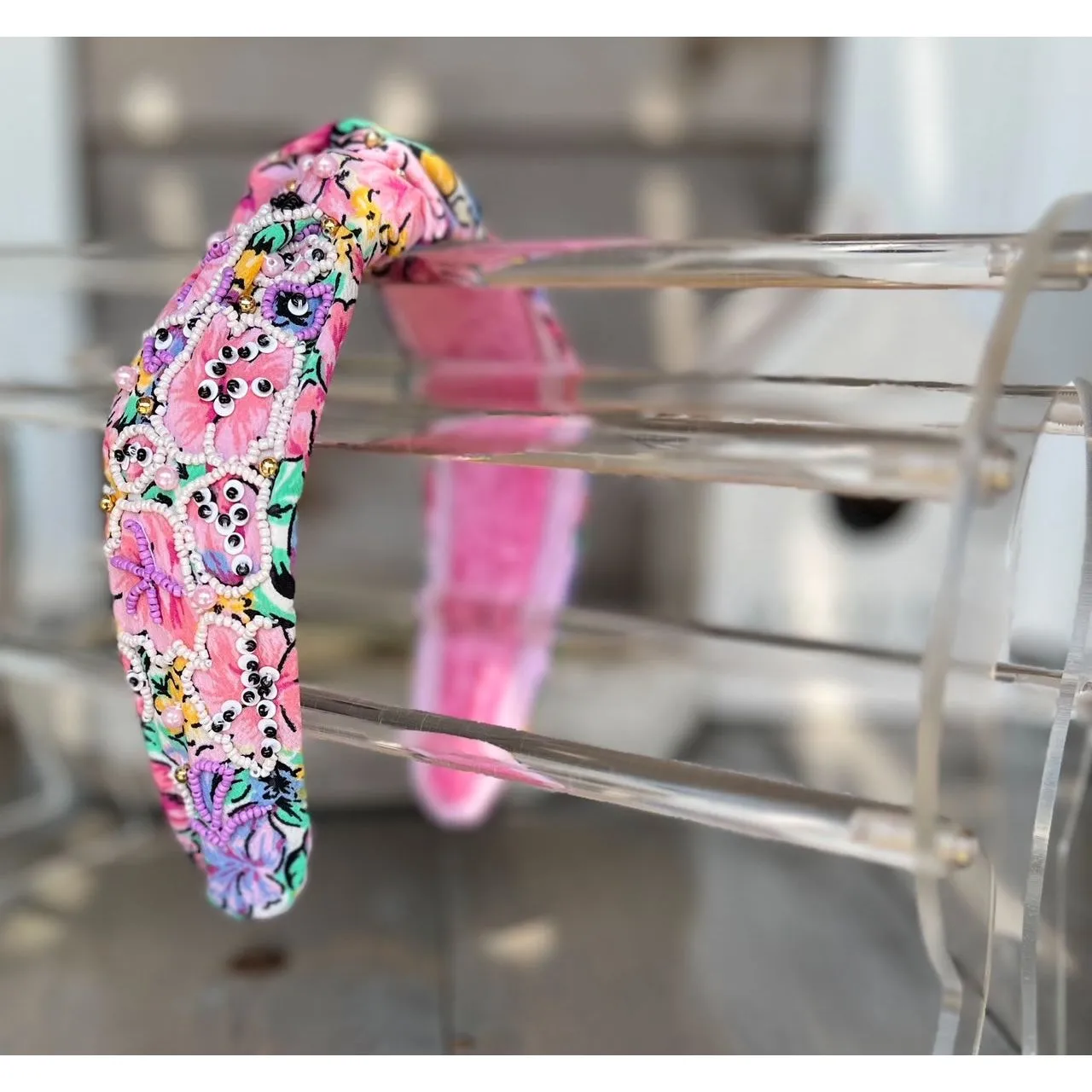 Purple and Pink Floral Seed Beaded Top Knot Handmade Headband S