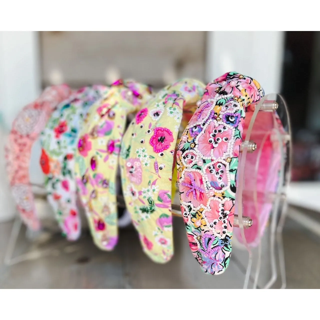 Purple and Pink Floral Seed Beaded Top Knot Handmade Headband S