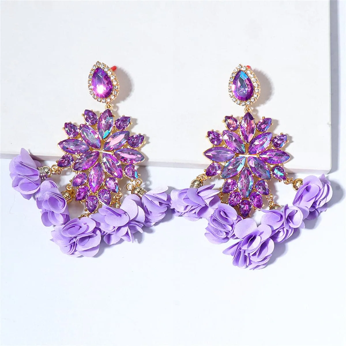 Purple Crystal & Cubic Zirconia Floral Tassel Drop Earrings