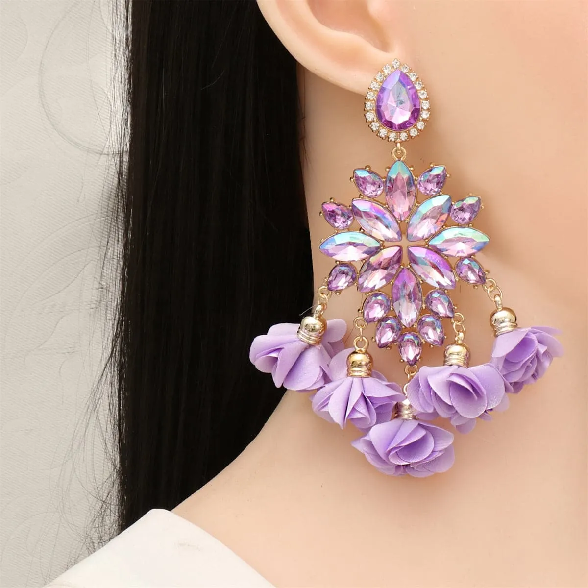 Purple Crystal & Cubic Zirconia Floral Tassel Drop Earrings