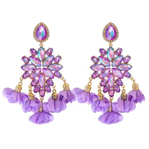 Purple Crystal & Cubic Zirconia Floral Tassel Drop Earrings