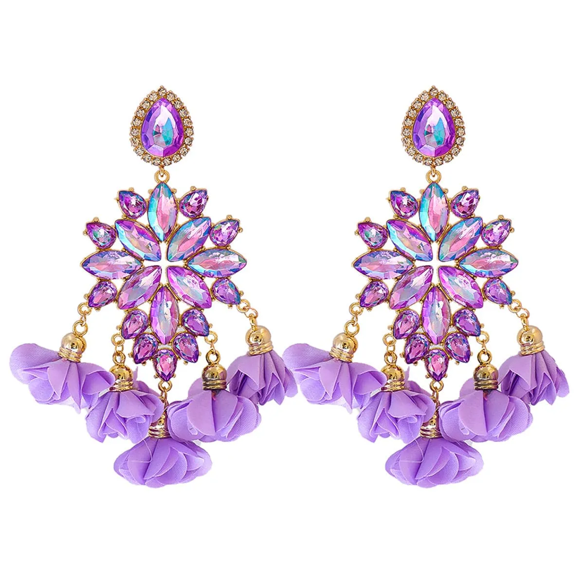 Purple Crystal & Cubic Zirconia Floral Tassel Drop Earrings