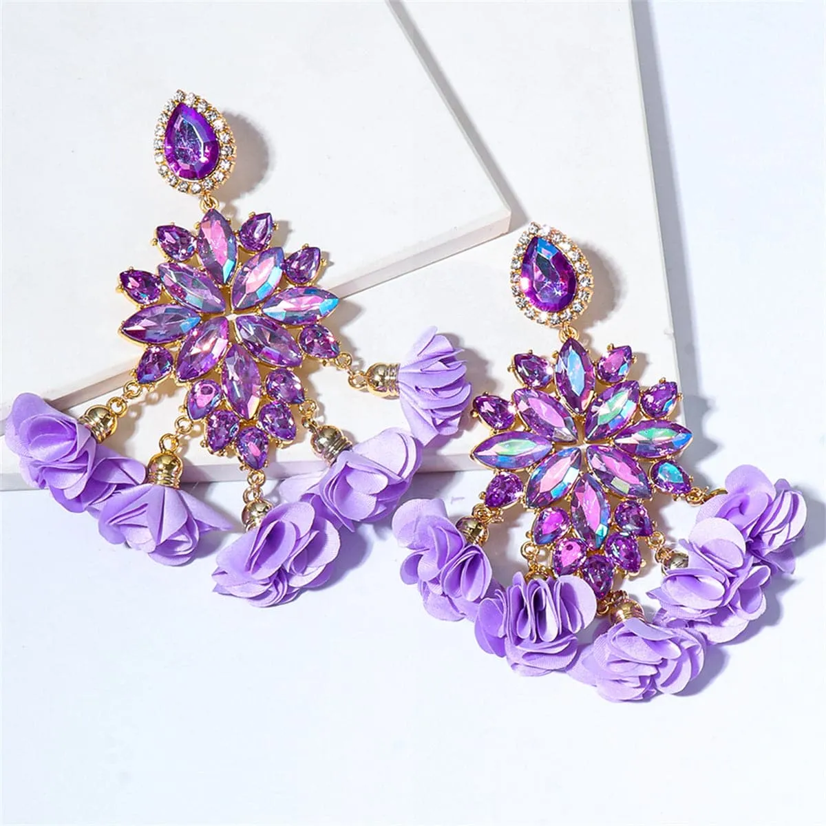Purple Crystal & Cubic Zirconia Floral Tassel Drop Earrings