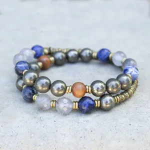 "Intuition and Strength" Pyrite, Sodalite and Quartz Crystal Mala Bracelet