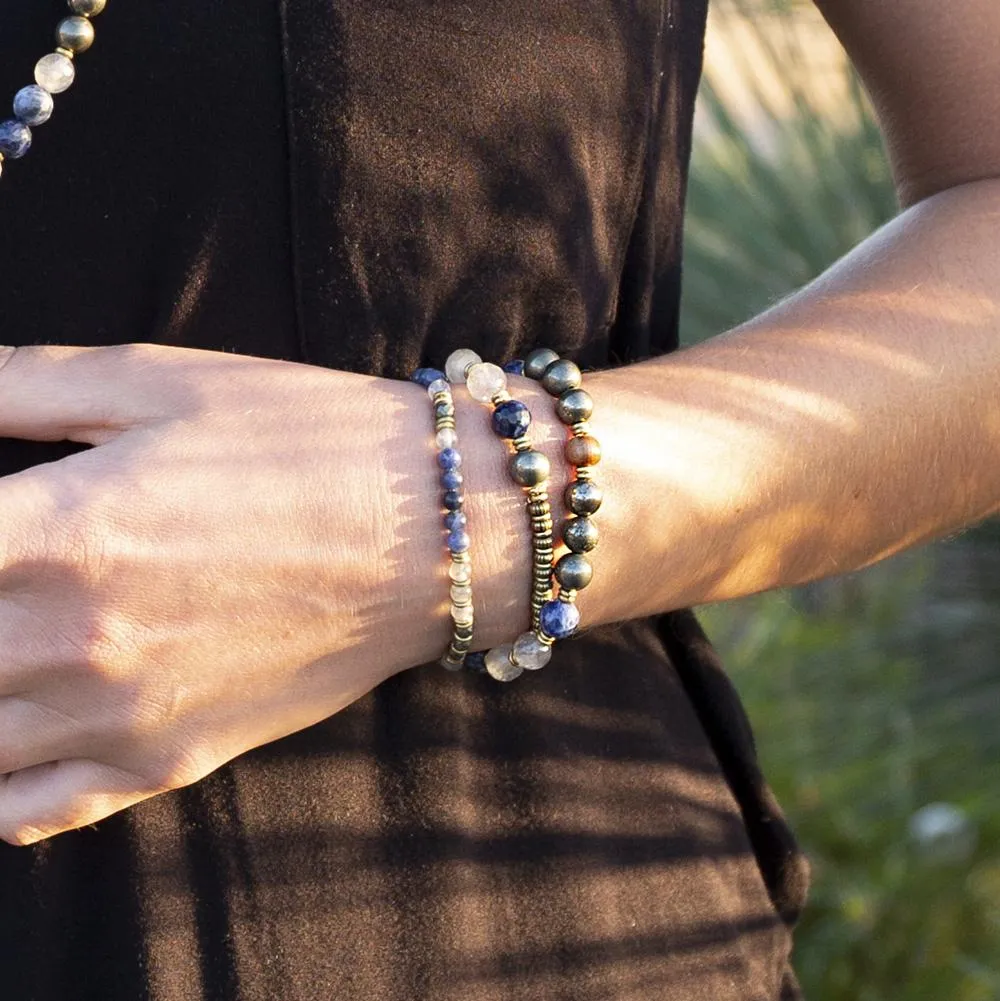 "Intuition and Strength" Pyrite, Sodalite and Quartz Crystal Mala Bracelet