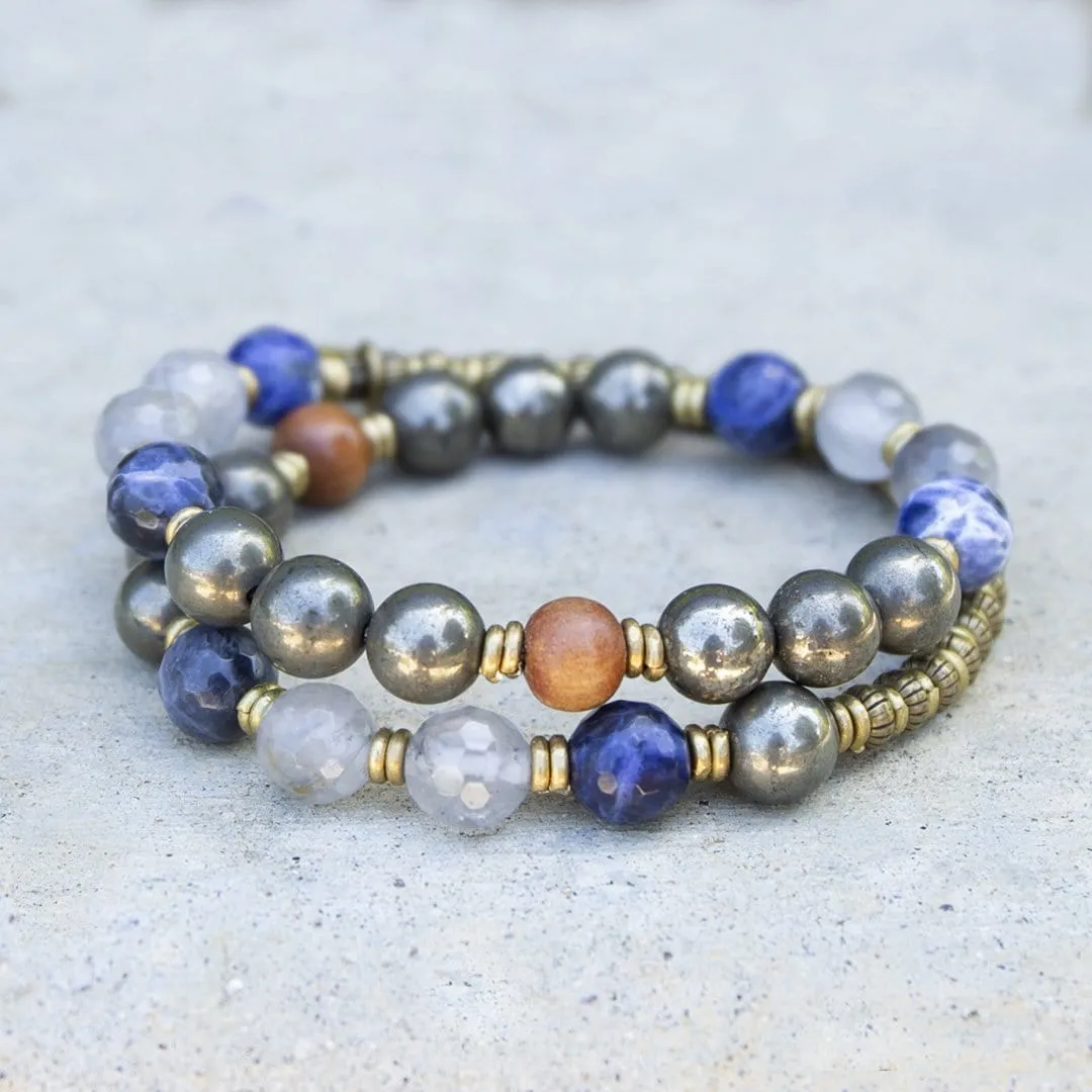 "Intuition and Strength" Pyrite, Sodalite and Quartz Crystal Mala Bracelet