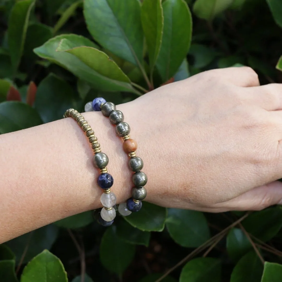 "Intuition and Strength" Pyrite, Sodalite and Quartz Crystal Mala Bracelet