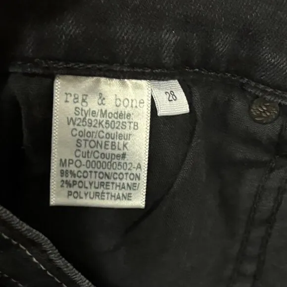 Rag &amp; Bone Stone Black Ankle Dren Slim Boyfriend Jeans  Frayed Hem Size 28