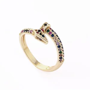 Rainbow Cubic Zirconia & 18K Gold-Plated Nail Bypass Ring
