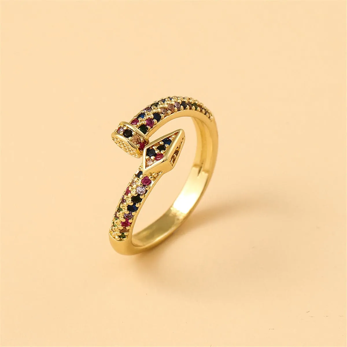 Rainbow Cubic Zirconia & 18K Gold-Plated Nail Bypass Ring