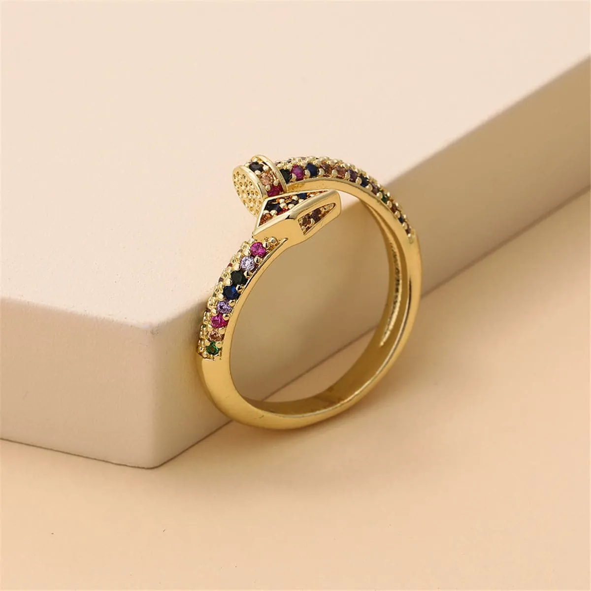 Rainbow Cubic Zirconia & 18K Gold-Plated Nail Bypass Ring