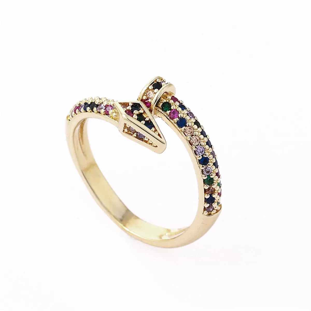 Rainbow Cubic Zirconia & 18K Gold-Plated Nail Bypass Ring