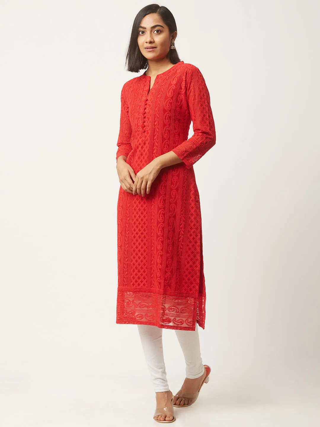 Red Chikankari Kurta - Paisley Embroidered Georgette Lucknowi Kurta For Women - ZOLA