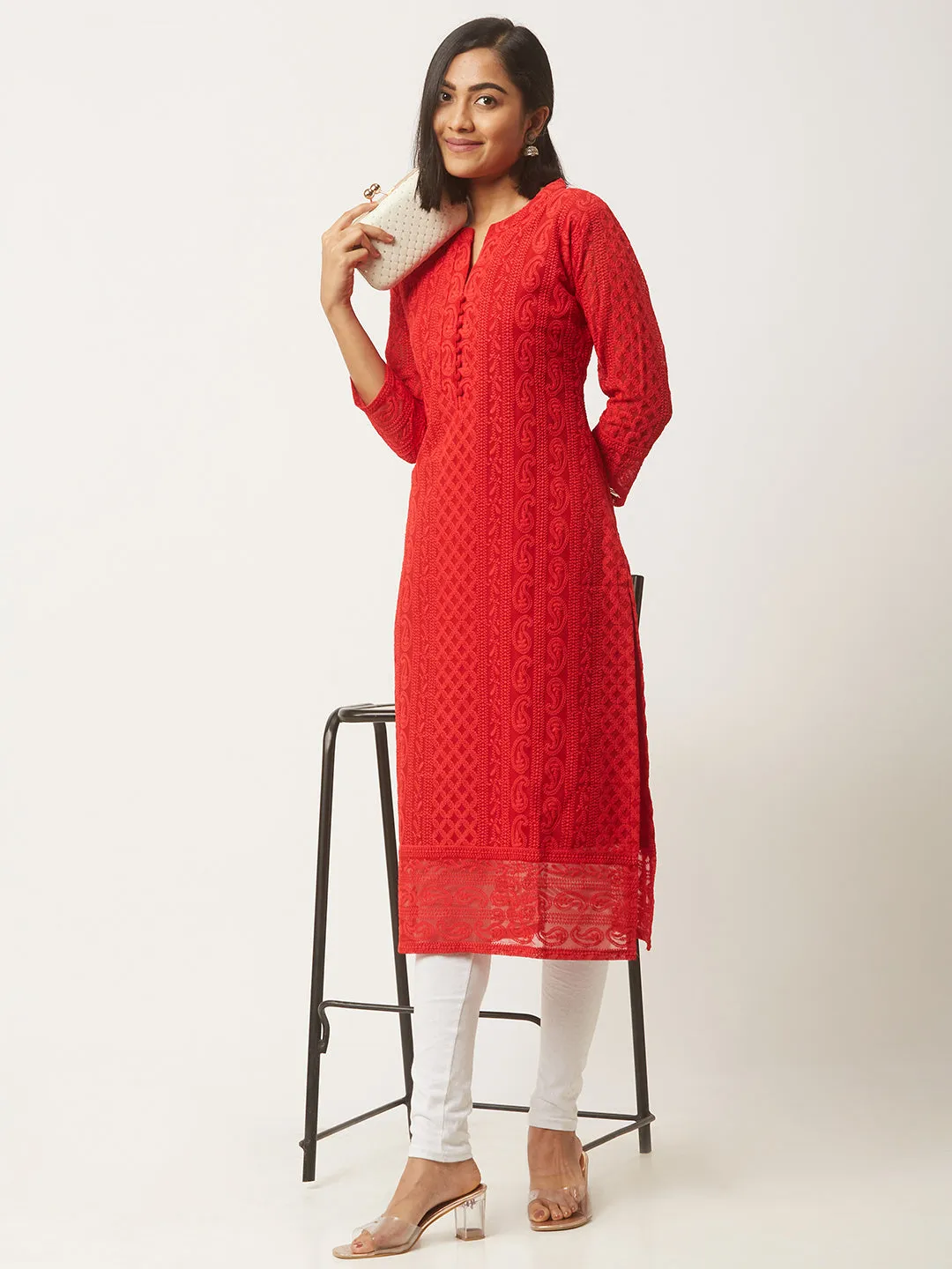 Red Chikankari Kurta - Paisley Embroidered Georgette Lucknowi Kurta For Women - ZOLA