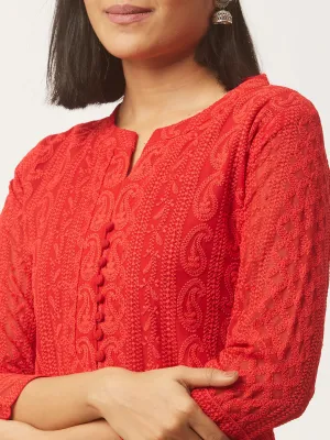 Red Chikankari Kurta - Paisley Embroidered Georgette Lucknowi Kurta For Women - ZOLA