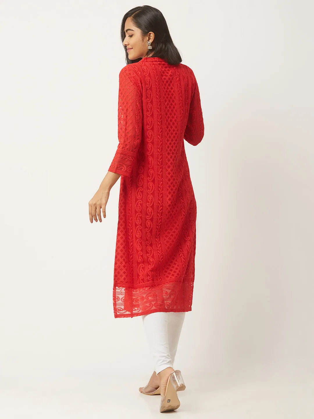 Red Chikankari Kurta - Paisley Embroidered Georgette Lucknowi Kurta For Women - ZOLA