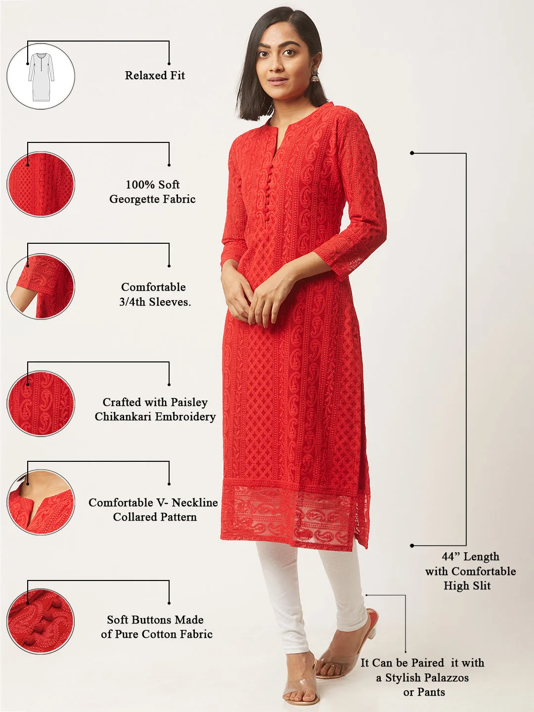 Red Chikankari Kurta - Paisley Embroidered Georgette Lucknowi Kurta For Women - ZOLA