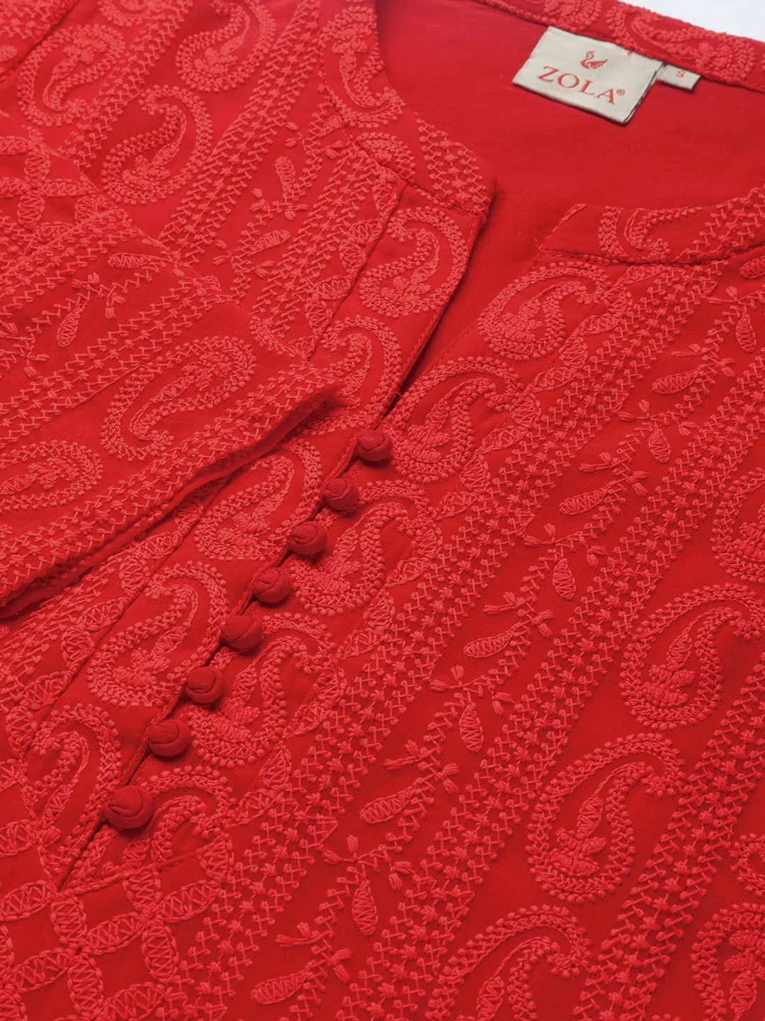 Red Chikankari Kurta - Paisley Embroidered Georgette Lucknowi Kurta For Women - ZOLA