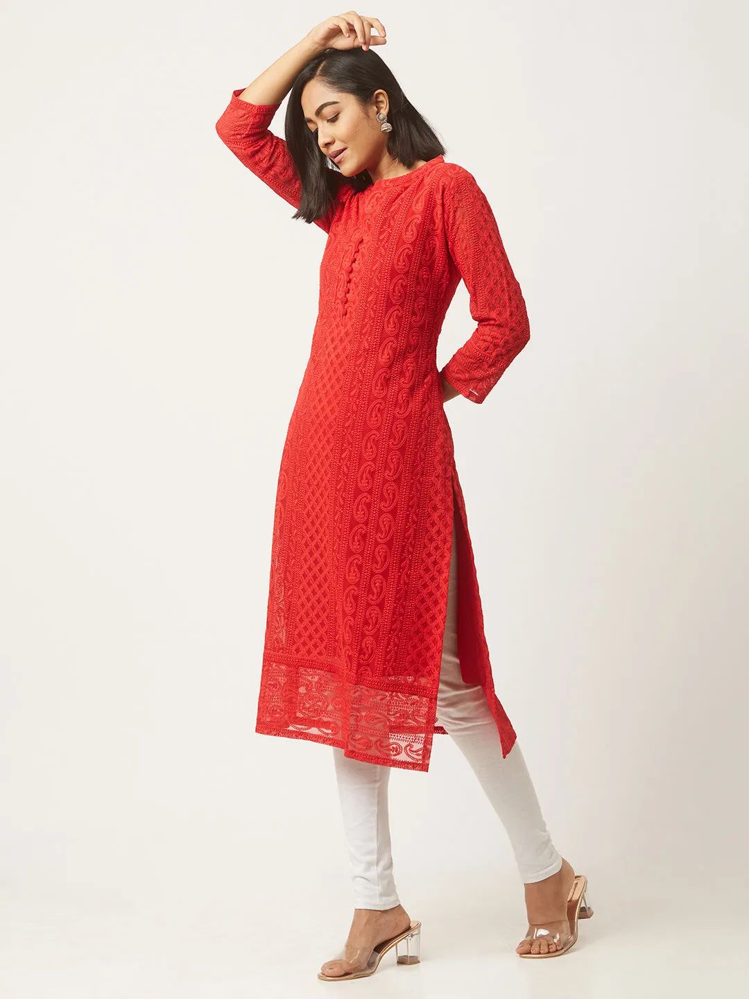Red Chikankari Kurta - Paisley Embroidered Georgette Lucknowi Kurta For Women - ZOLA