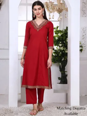 Red Cotton Embroidered Kurta Set with Brocade Lace