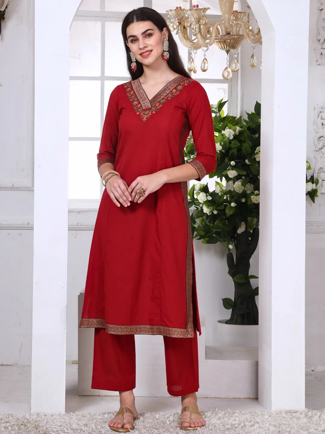 Red Cotton Embroidered Kurta Set with Brocade Lace