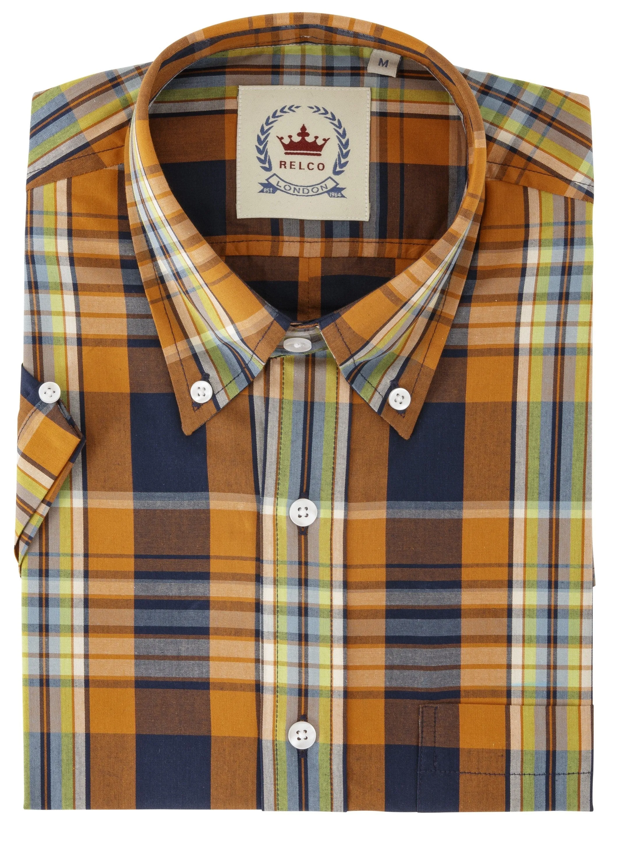 Relco Mens Orange Check Short Sleeved Vintage/Retro Button Down Shirts