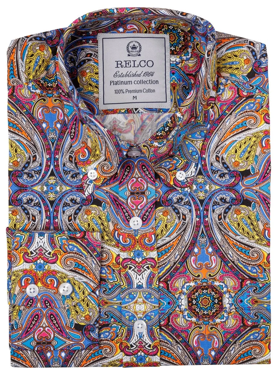 Relco Platinum Mens Multi Paisley Long Sleeved Retro Mod Button Down Shirt