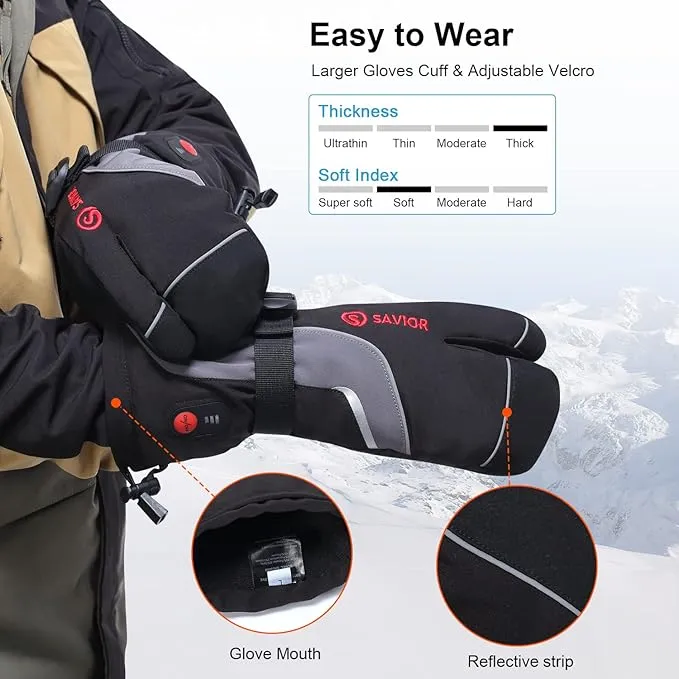 SAVIOR HEAT Heated Mittens Battery Gloves Men Women, 2023 Flexible Crab Finger Rechargeable Ski Mitten with 7.4V 2200mAh Battery for Winter Snow Skating Camping Hunting Hiking Motorcycle