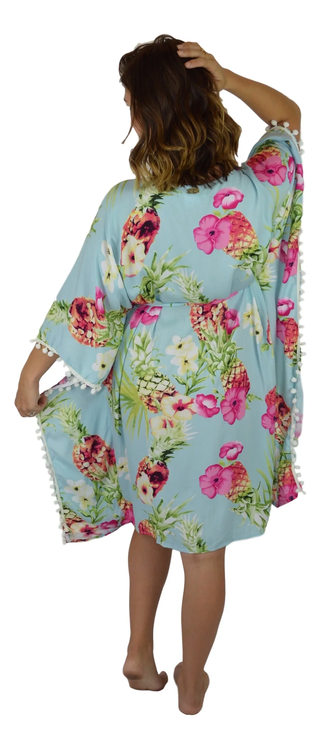Secret Beach - Haiku Kimono - PomPom - Hibiscus Pineapple - Blue