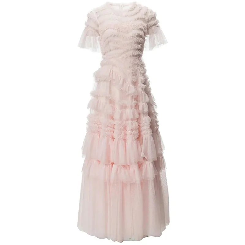 Selena O-Neck Short Sleeve Ruffles  Elegant Party Long Dress
