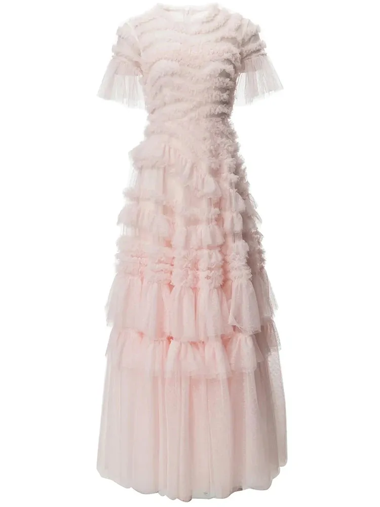 Selena O-Neck Short Sleeve Ruffles  Elegant Party Long Dress