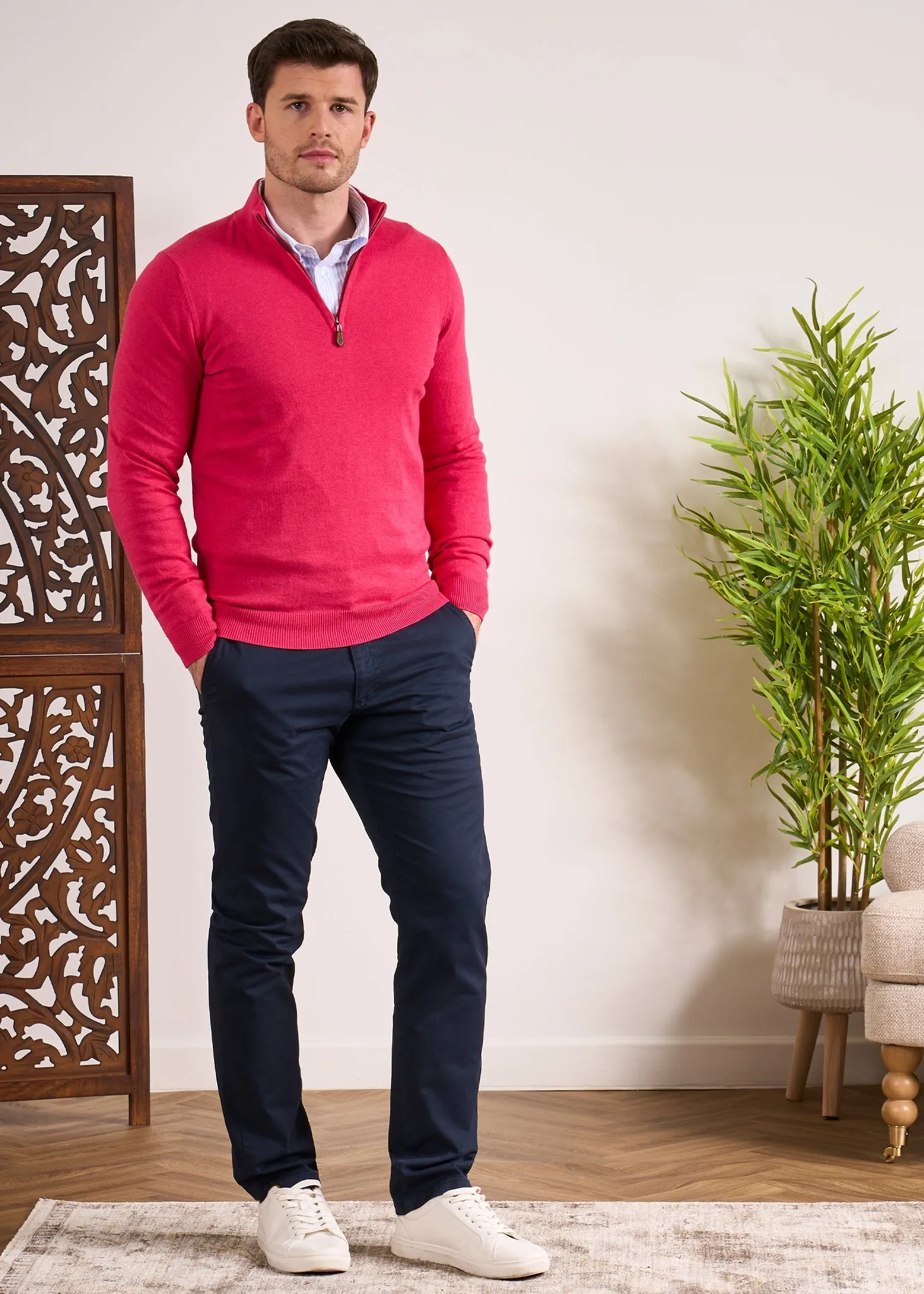 Selhurst Cotton Cashmere 1/4 Zip Jumper In Raspberry