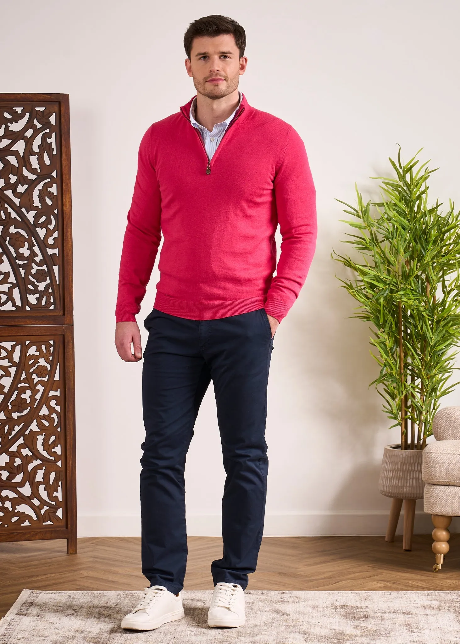 Selhurst Cotton Cashmere 1/4 Zip Jumper In Raspberry