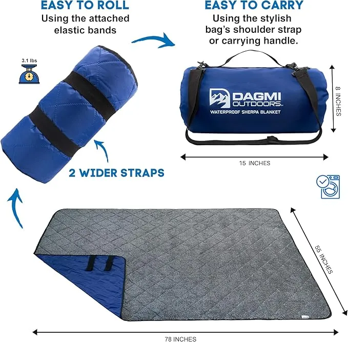Sherpa Waterproof Outdoor Blanket. Large Sherpa Stadium & Camping Blankets for Cold Weather. Perfect for Picnic, Concerts, Grass, Car, Boat. Windproof, Extra Warm, Machine Washable.
