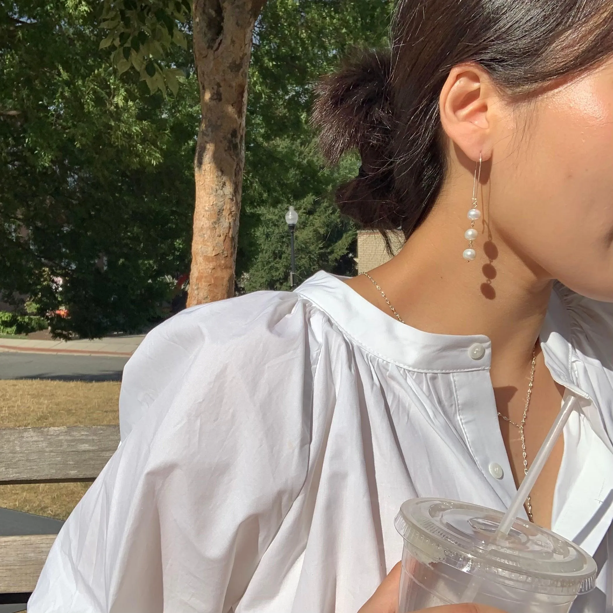 [Silver 925] Dainty Line Tiered Pearl Earrings