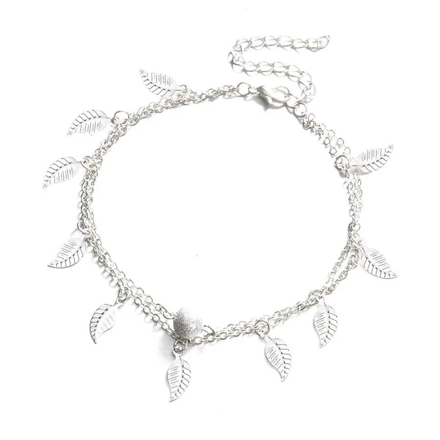 Silver-Plated Leaf Station Layered Anklet