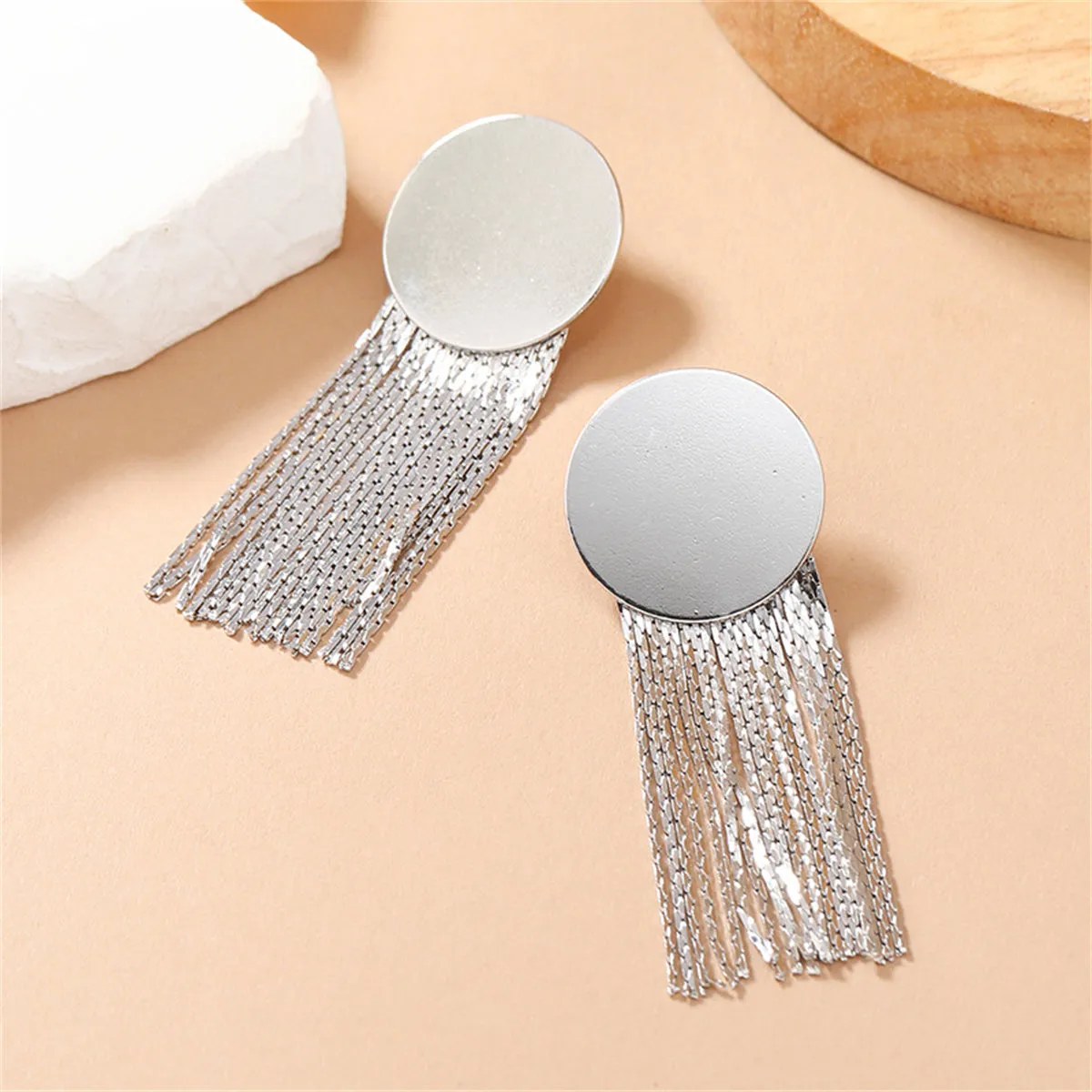 Silver-Plated Round Tassel Drop Earrings