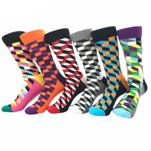 Six Color Mens Colorful Crew Socks - Premium Cotton Fun socks with Soft Elastic - 6 Pack Bundle