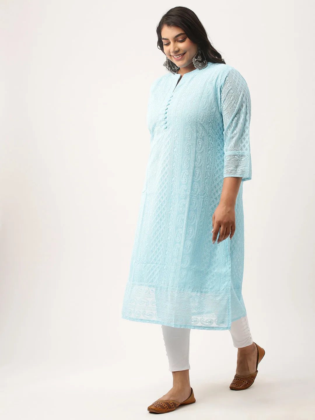Sky Blue Chikankari Kurta - Paisley Embroidered Georgette Lucknowi Kurta For Women