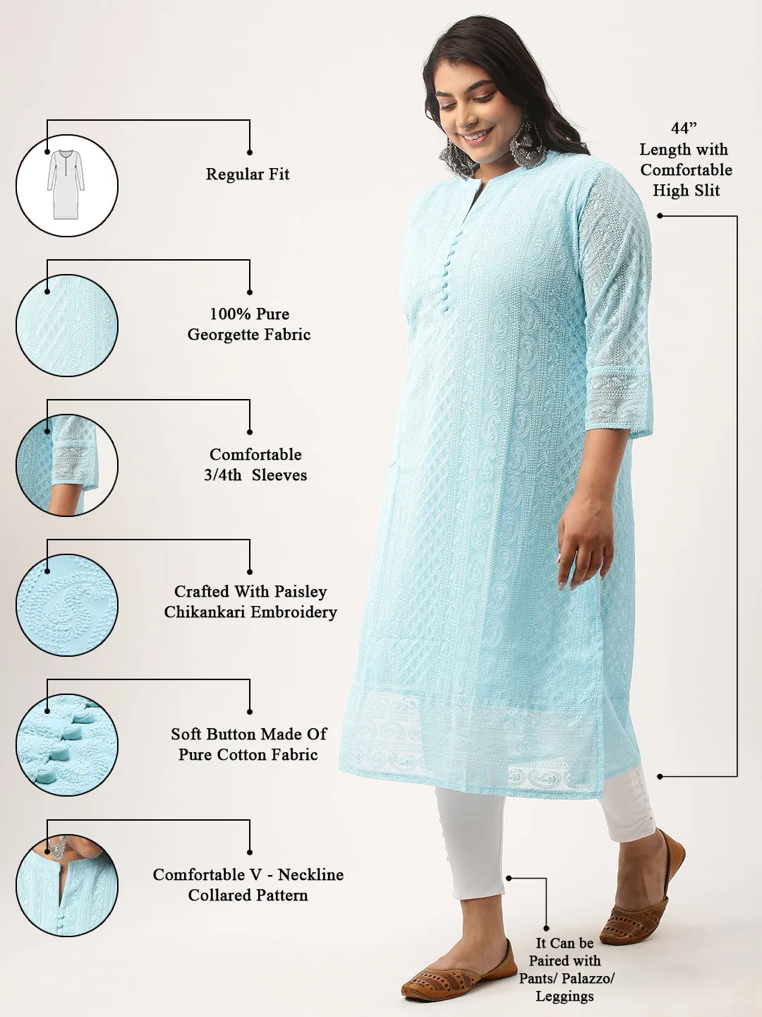 Sky Blue Chikankari Kurta - Paisley Embroidered Georgette Lucknowi Kurta For Women