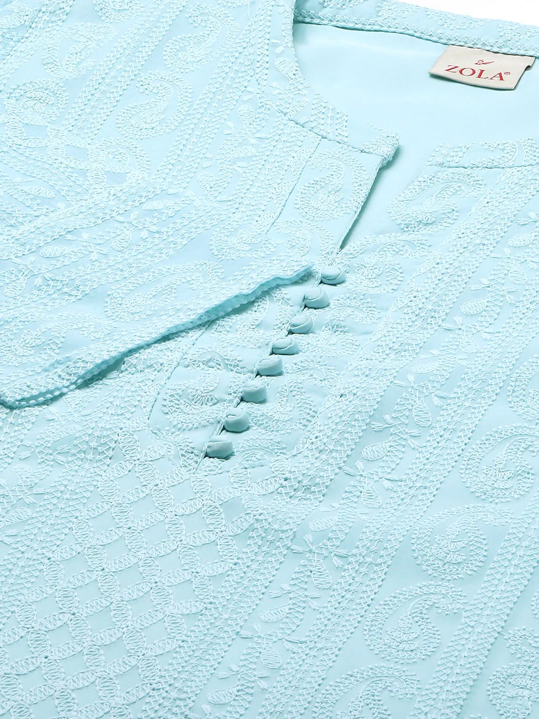 Sky Blue Chikankari Kurta - Paisley Embroidered Georgette Lucknowi Kurta For Women