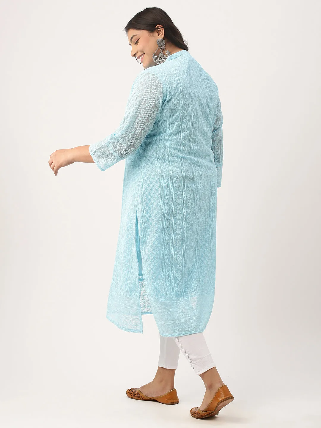 Sky Blue Chikankari Kurta - Paisley Embroidered Georgette Lucknowi Kurta For Women