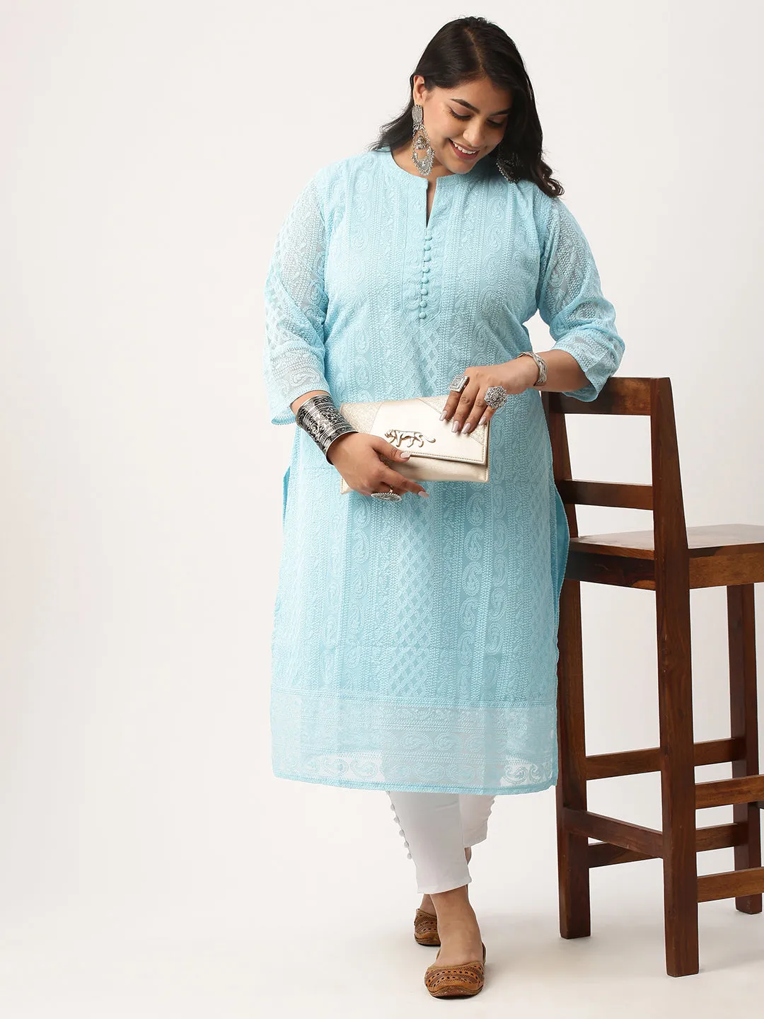 Sky Blue Chikankari Kurta - Paisley Embroidered Georgette Lucknowi Kurta For Women