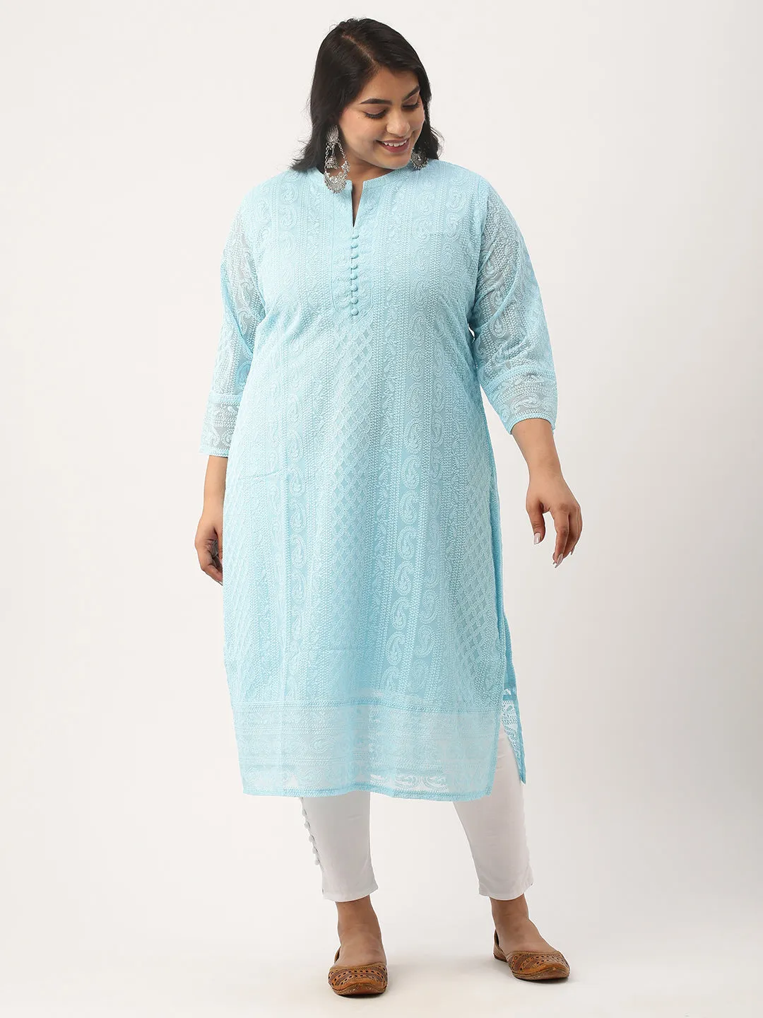 Sky Blue Chikankari Kurta - Paisley Embroidered Georgette Lucknowi Kurta For Women