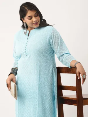 Sky Blue Chikankari Kurta - Paisley Embroidered Georgette Lucknowi Kurta For Women